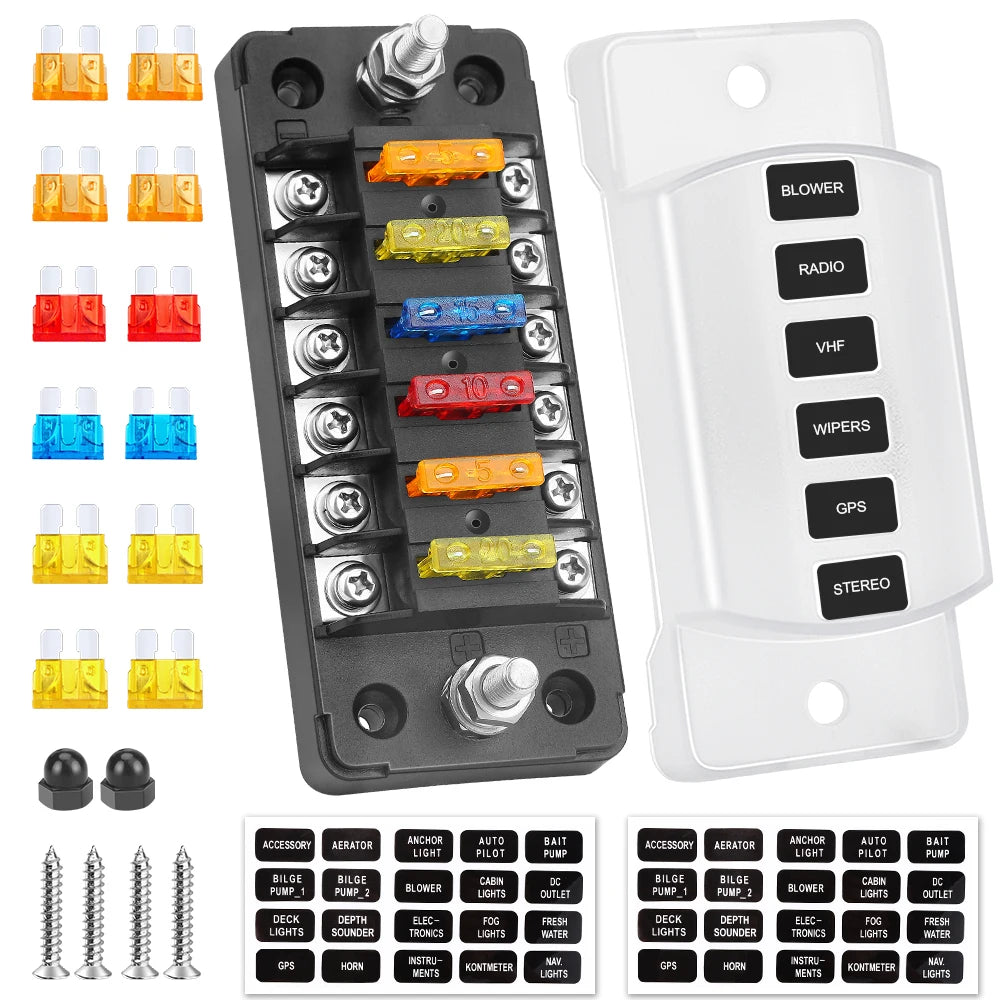 6-Way Waterproof Fuse Box with Negative Bus – 12V/24V Automotive Car, Truck, Boat, RV, Marine Fuse Block
