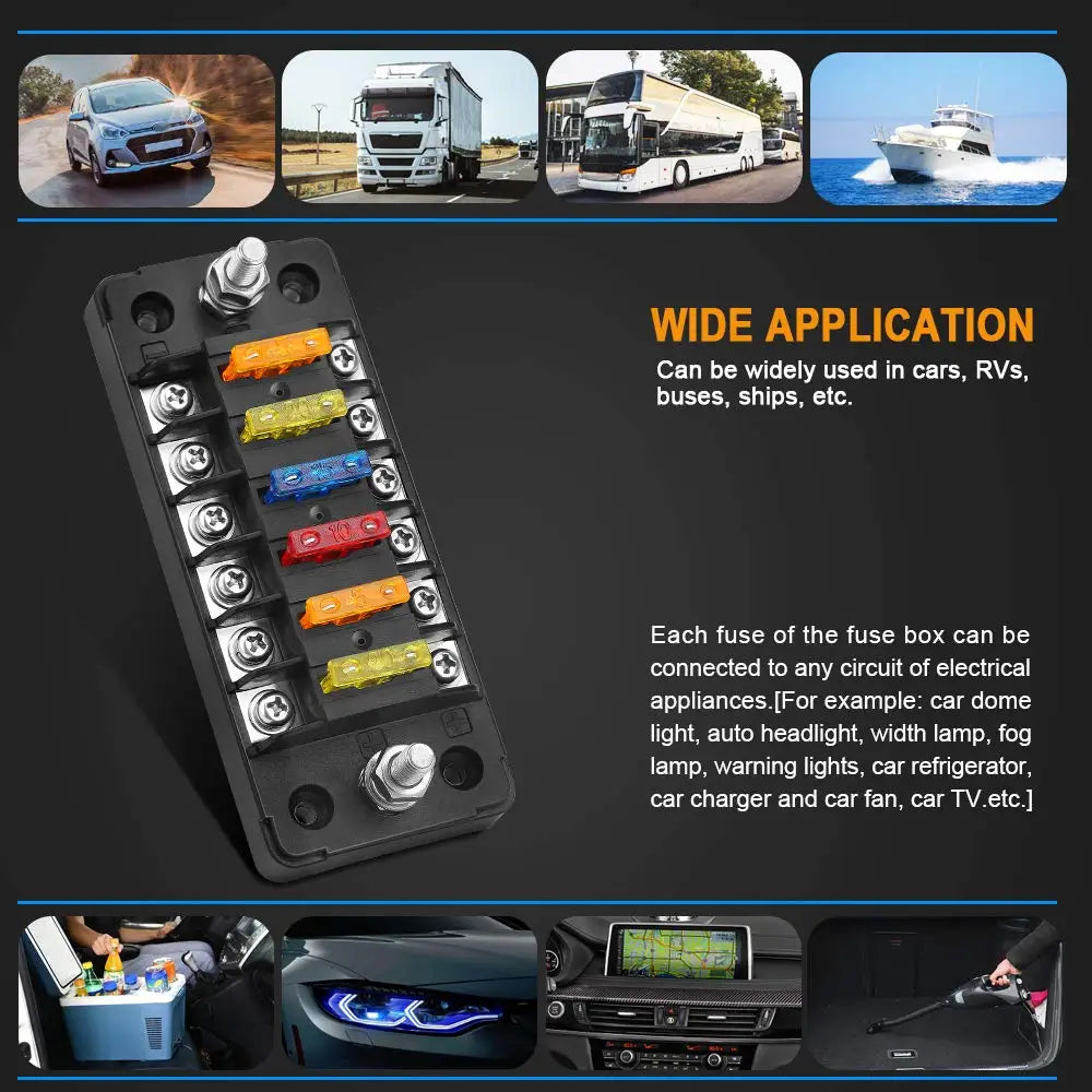 6-Way Waterproof Fuse Box with Negative Bus – 12V/24V Automotive Car, Truck, Boat, RV, Marine Fuse Block