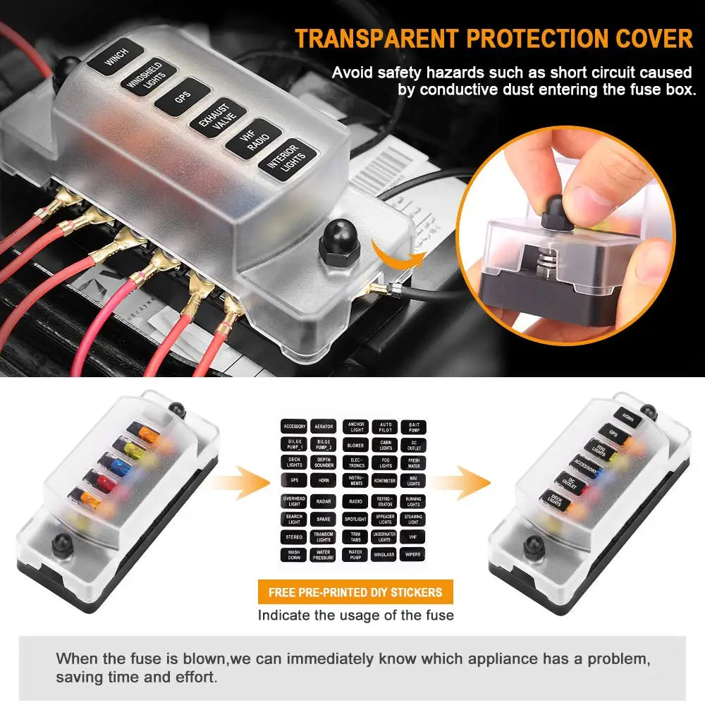 6-Way Waterproof Fuse Box with Negative Bus – 12V/24V Automotive Car, Truck, Boat, RV, Marine Fuse Block