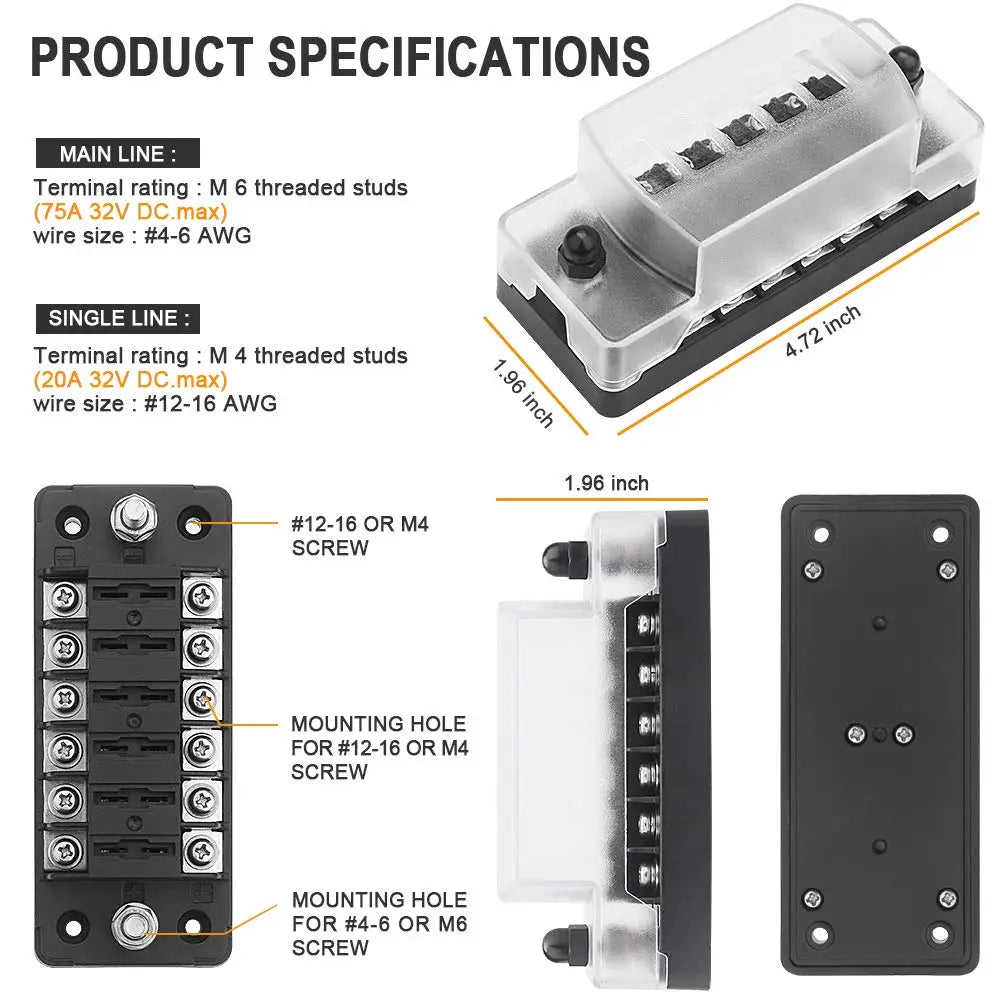 6-Way Waterproof Fuse Box with Negative Bus – 12V/24V Automotive Car, Truck, Boat, RV, Marine Fuse Block