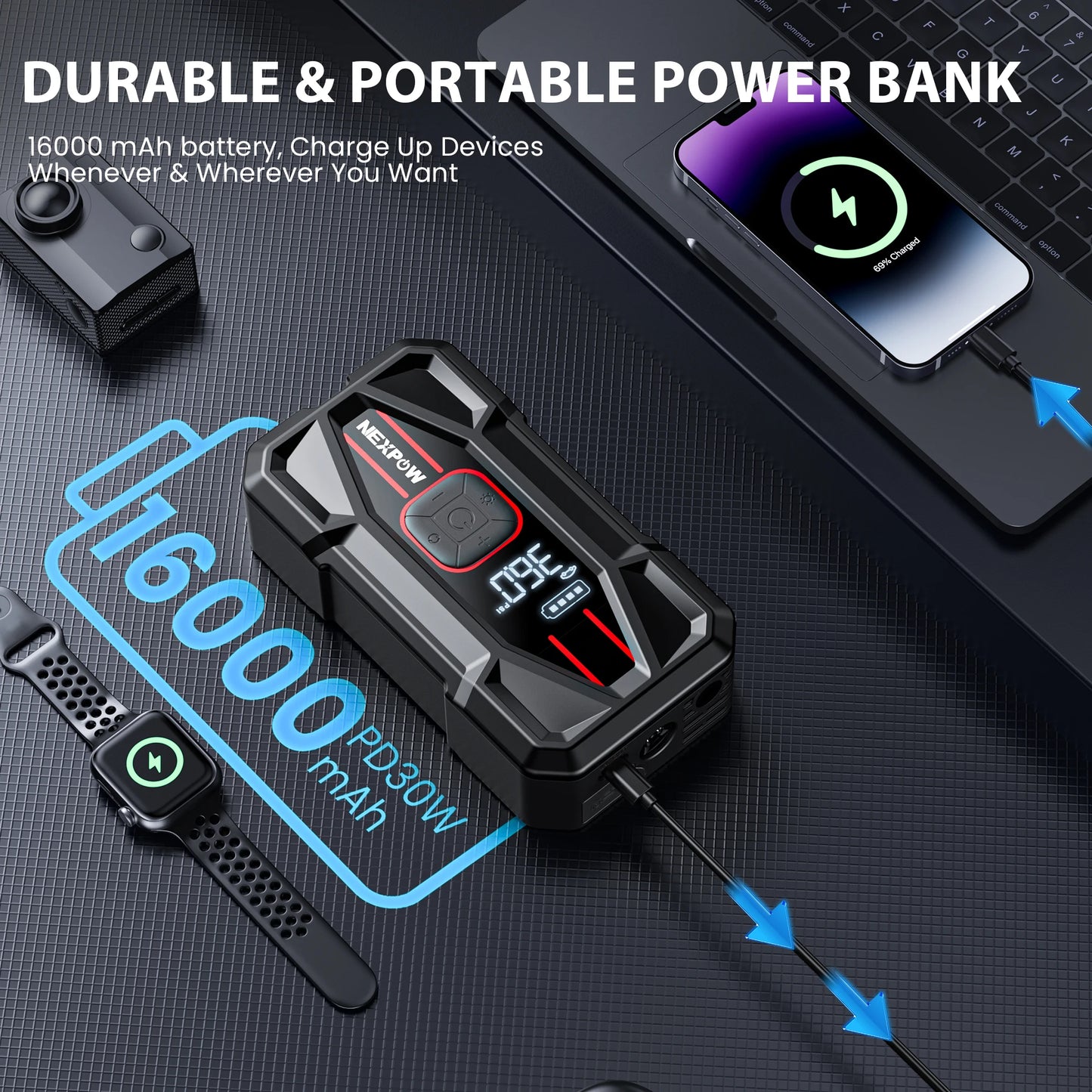 3000A Car Jump Starter & Air Compressor – 12V 59.2Wh Portable Battery Booster with PD 30W Fast Charge & 150PSI Air Pump
