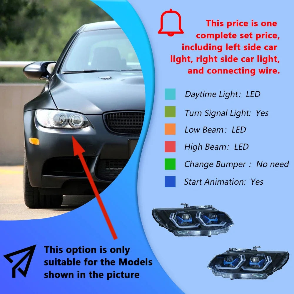 LED Auto Headlight Assembly for BMW 3 Series E92/E93 320i 325i M3 (2007-2010) – Projector Lens with Startup Effect