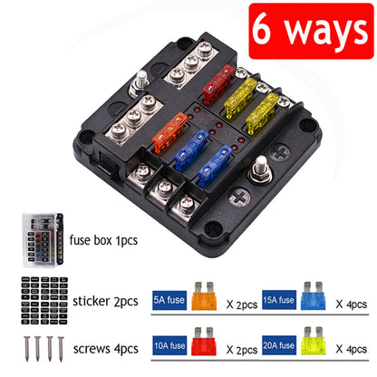 6/12-Way Car & Boat Fuse Box Holder – Blade Fuse Block with Warning Indicator 12V/36V