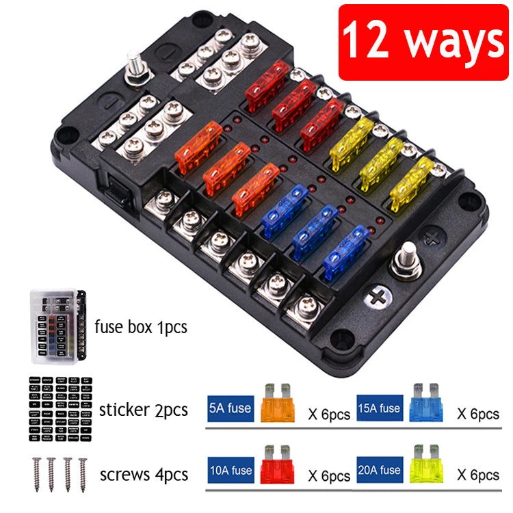 6/12-Way Car & Boat Fuse Box Holder – Blade Fuse Block with Warning Indicator 12V/36V