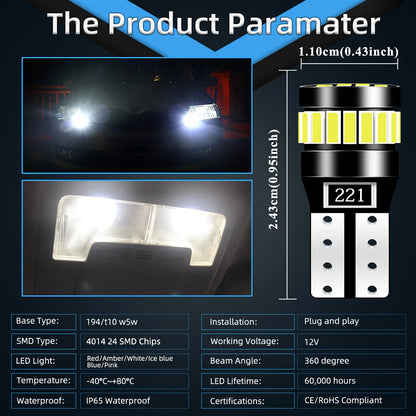 2PCS T10 W5W 24LED Canbus No Error Bulbs – 194 168 5W5 12V Super Bright White