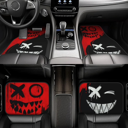 4pcs Cool Spooky Design Car Floor Mats – Vibrant Red with Black Accents