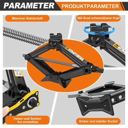Compact 2-Ton (4409 lbs) Scissor Jack – 105–385mm Lifting Range with Hex Lug Wrench for Cars, SUVs & Sedans