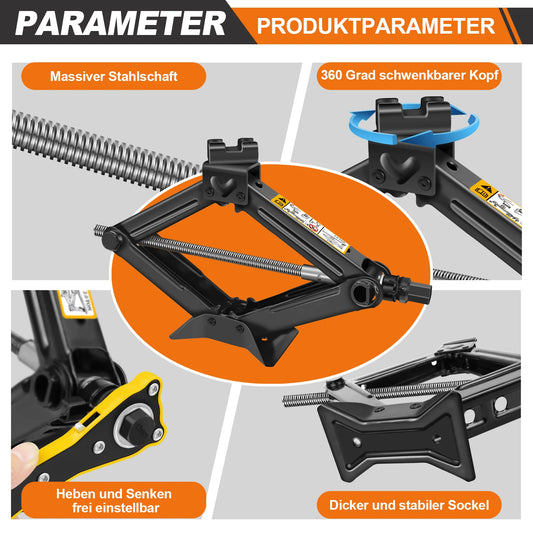Compact 2-Ton (4409 lbs) Scissor Jack – 105–385mm Lifting Range with Hex Lug Wrench for Cars, SUVs & Sedans