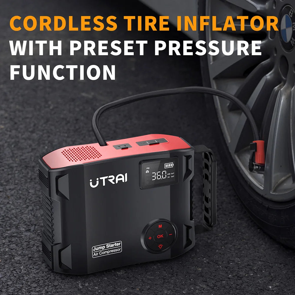 UTRAI 4-in-1 2000A Jump Starter Power Bank with 16000mAh Capacity and 150PSI Air Compressor