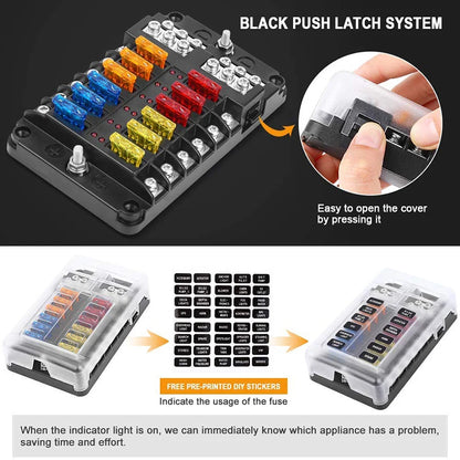 6/12-Way Car & Boat Fuse Box Holder – Blade Fuse Block with Warning Indicator 12V/36V