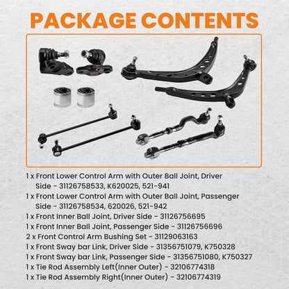 10PCS Suspension Control Arm & Ball Joint Tie Rod Kit