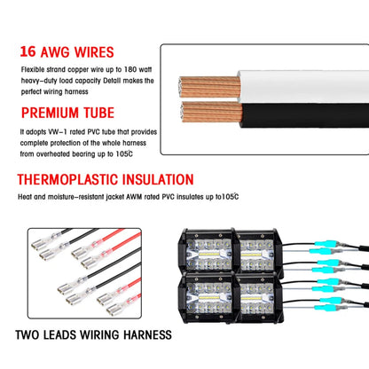 LED Light Bar Wiring Harness Kit – 300W, 2 Leads, 16 AWG Universal Harness with 12V 40A Relay & On/Off Switch