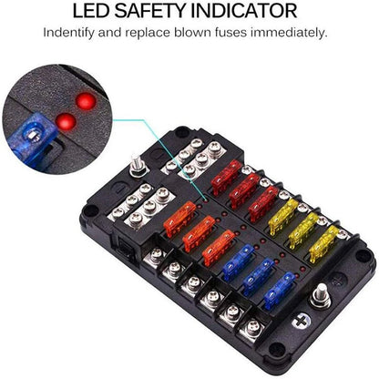 6/12-Way Car & Boat Fuse Box Holder – Blade Fuse Block with Warning Indicator 12V/36V