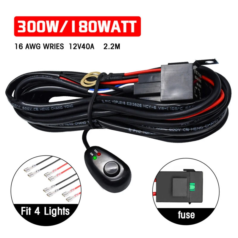 LED Light Bar Wiring Harness Kit – 300W, 2 Leads, 16 AWG Universal Harness with 12V 40A Relay & On/Off Switch