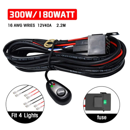 LED Light Bar Wiring Harness Kit – 300W, 2 Leads, 16 AWG Universal Harness with 12V 40A Relay & On/Off Switch