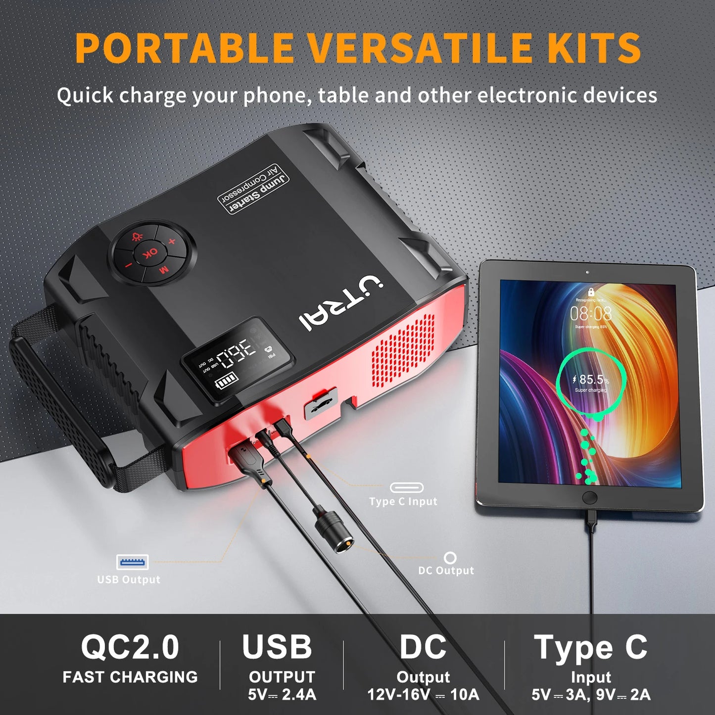 UTRAI 4-in-1 2000A Jump Starter Power Bank with 16000mAh Capacity and 150PSI Air Compressor