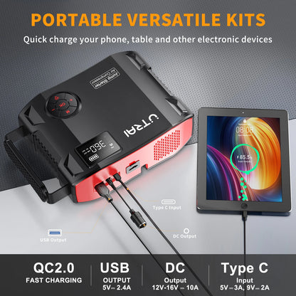 UTRAI 4-in-1 2000A Jump Starter Power Bank with 16000mAh Capacity and 150PSI Air Compressor