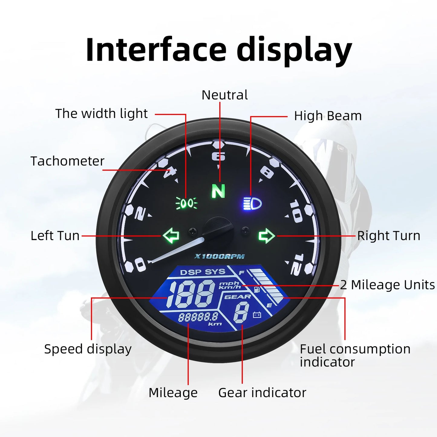 AD Universal Motorcycle LCD Digital Speedometer Odometer Tachometer – 1-4 Cylinders