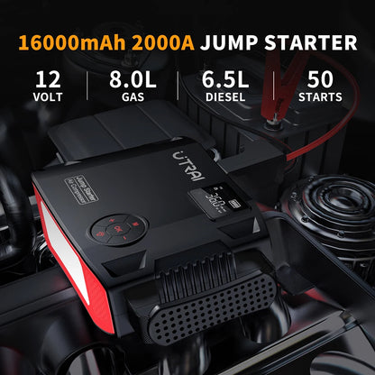 UTRAI 4-in-1 2000A Jump Starter Power Bank with 16000mAh Capacity and 150PSI Air Compressor