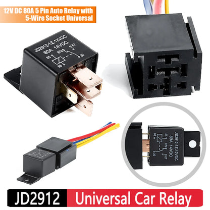 5-Pin 80A Auto Car Relay DC 12V with 5-Wire Socket – 3 Copper & 2 Brass Terminals