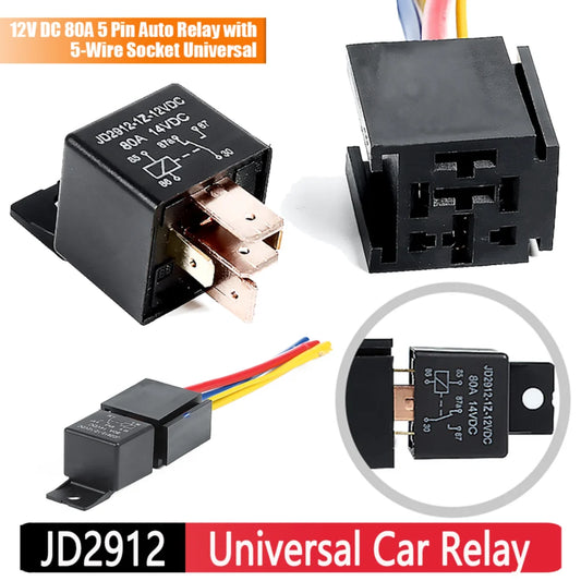 5-Pin 80A Auto Car Relay DC 12V with 5-Wire Socket – 3 Copper & 2 Brass Terminals