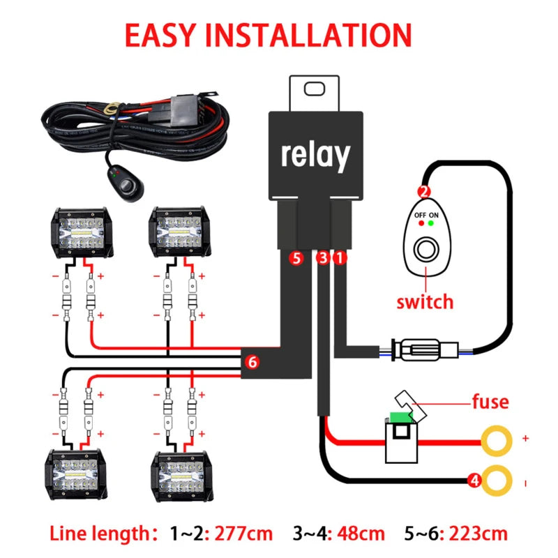 LED Light Bar Wiring Harness Kit – 300W, 2 Leads, 16 AWG Universal Harness with 12V 40A Relay & On/Off Switch
