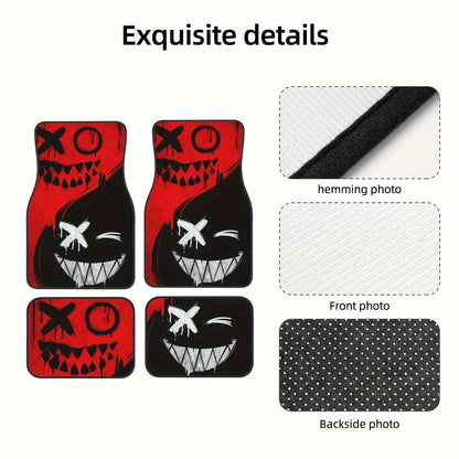 4pcs Cool Spooky Design Car Floor Mats – Vibrant Red with Black Accents