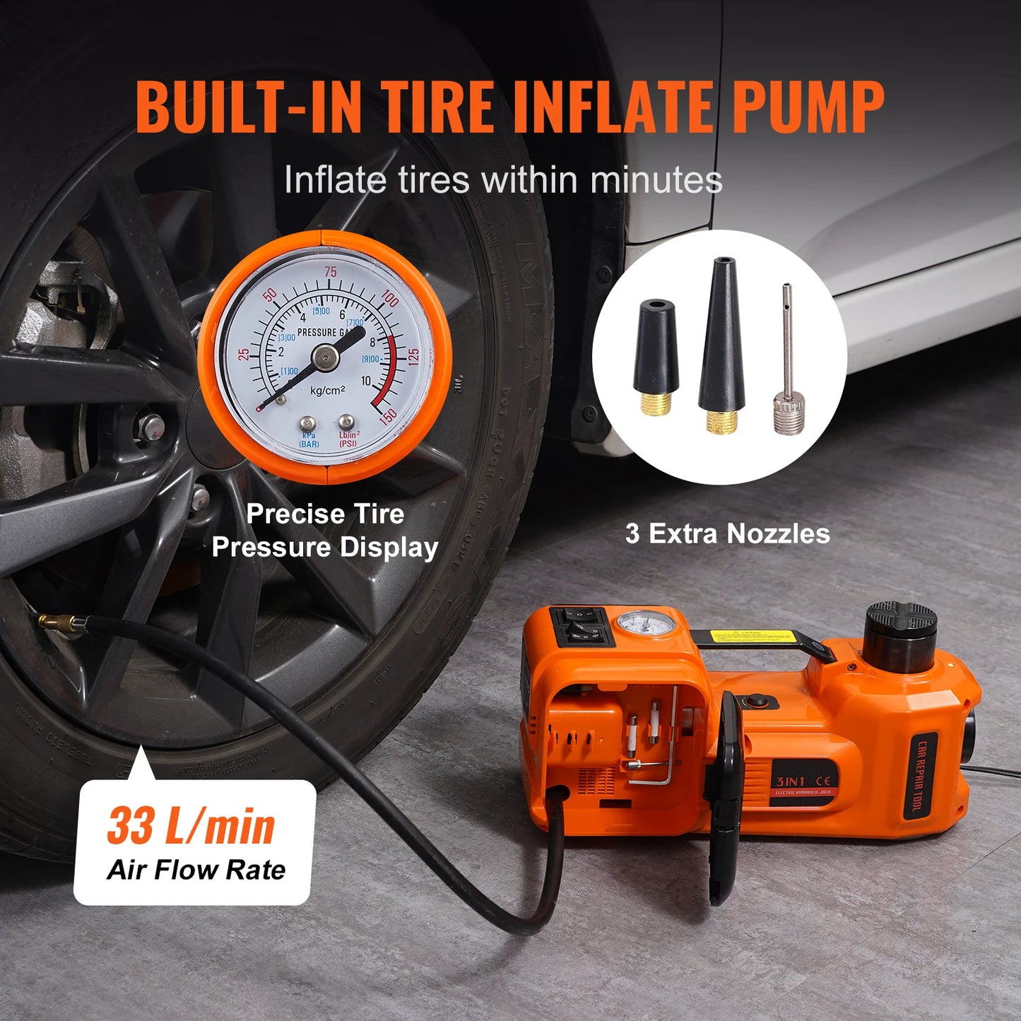 5T Electric Car Jack with Hydraulic Jack, Electric Impact Wrench, and Built-in Inflatable Pump