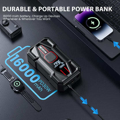 3000A Car Jump Starter & Air Compressor – 12V 59.2Wh Portable Battery Booster with PD 30W Fast Charge & 150PSI Air Pump