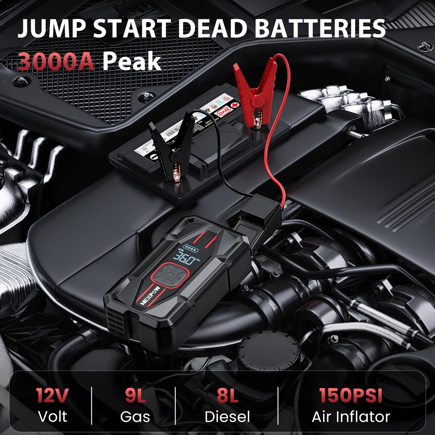 3000A Car Jump Starter & Air Compressor – 12V 59.2Wh Portable Battery Booster with PD 30W Fast Charge & 150PSI Air Pump