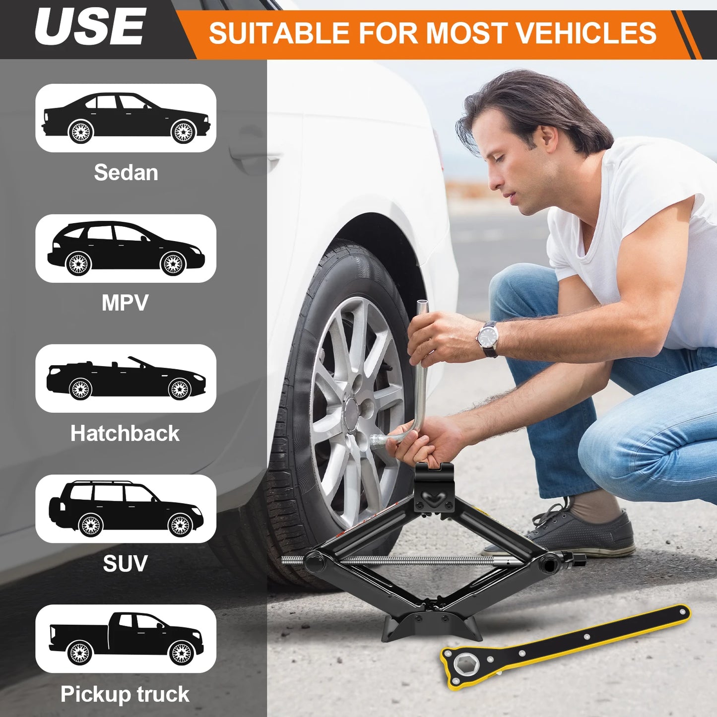 Compact 2-Ton (4409 lbs) Scissor Jack – 105–385mm Lifting Range with Hex Lug Wrench for Cars, SUVs & Sedans