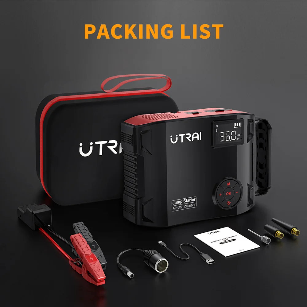 UTRAI 4-in-1 2000A Jump Starter Power Bank with 16000mAh Capacity and 150PSI Air Compressor