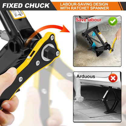 Compact 2-Ton (4409 lbs) Scissor Jack – 105–385mm Lifting Range with Hex Lug Wrench for Cars, SUVs & Sedans
