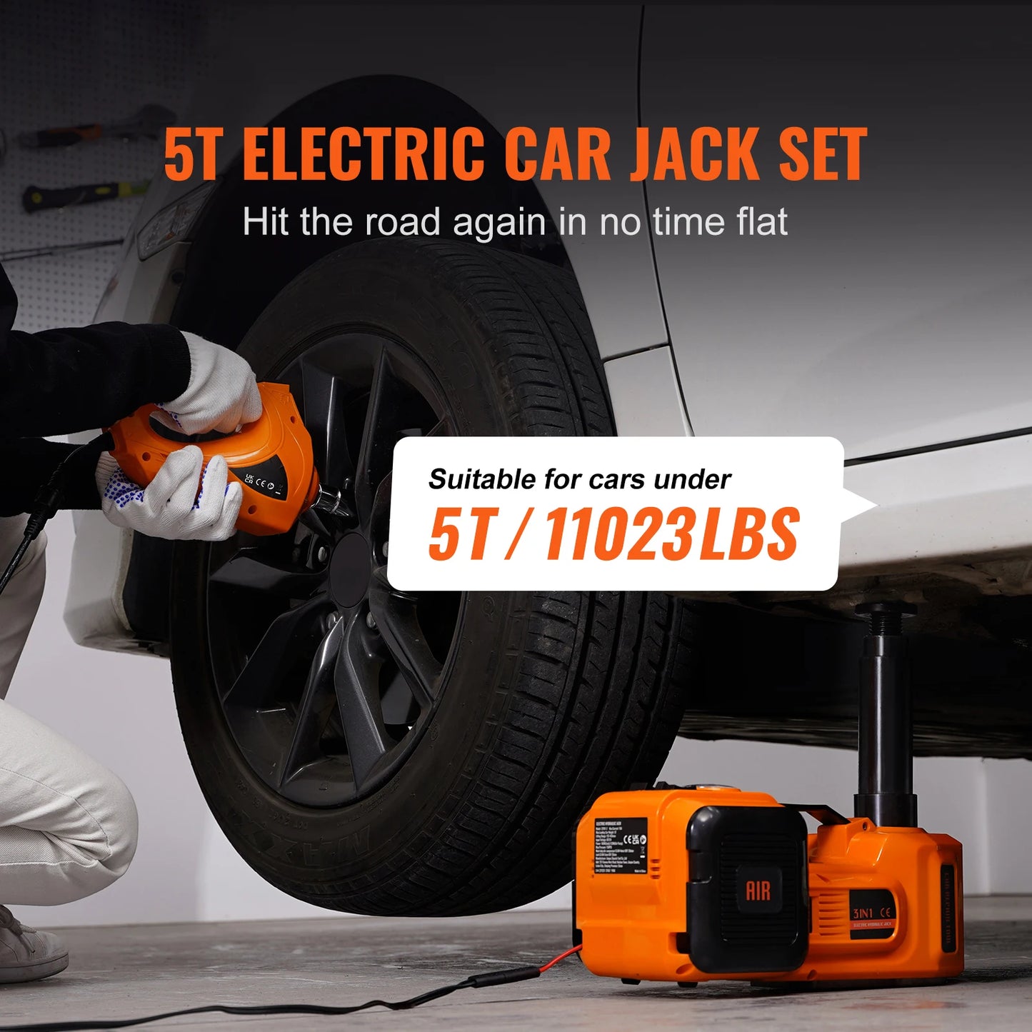 5T Electric Car Jack with Hydraulic Jack, Electric Impact Wrench, and Built-in Inflatable Pump