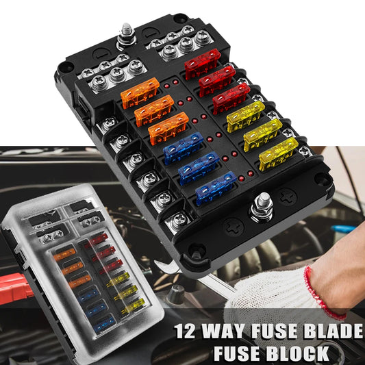 6/12-Way Car & Boat Fuse Box Holder – Blade Fuse Block with Warning Indicator 12V/36V