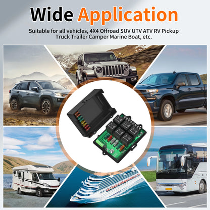 12V Universal Relay Box & Fuse Panel – 6-Way Relays with 14 ATC/ATO Blade Fuses
