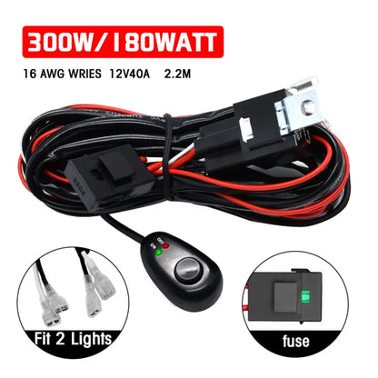 LED Light Bar Wiring Harness Kit – 300W, 2 Leads, 16 AWG Universal Harness with 12V 40A Relay & On/Off Switch