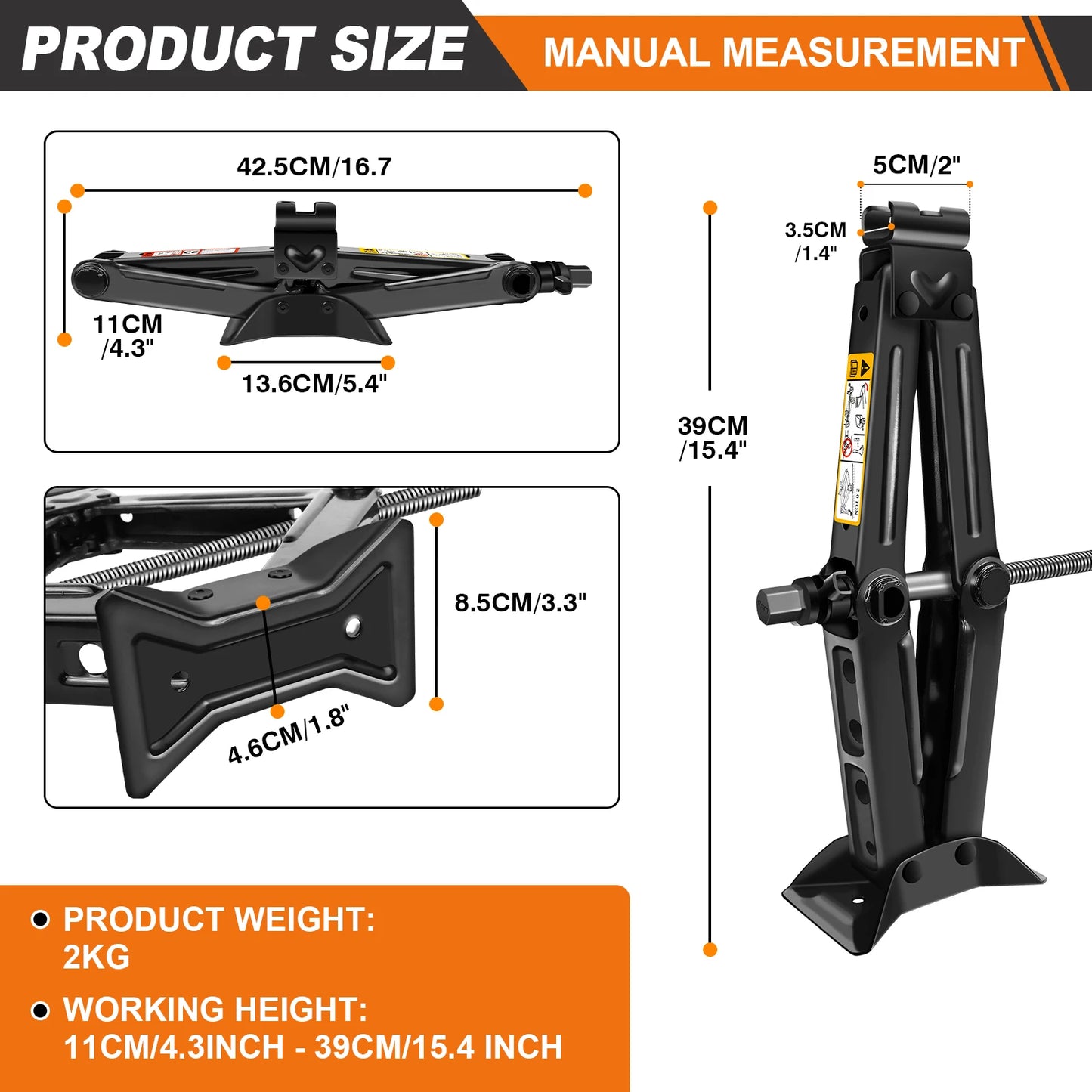 Compact 2-Ton (4409 lbs) Scissor Jack – 105–385mm Lifting Range with Hex Lug Wrench for Cars, SUVs & Sedans