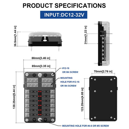 6/12-Way Car & Boat Fuse Box Holder – Blade Fuse Block with Warning Indicator 12V/36V