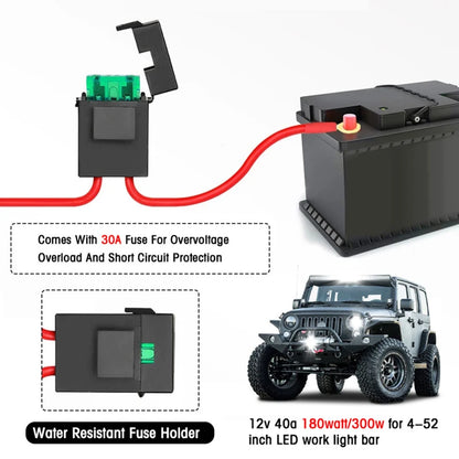 LED Light Bar Wiring Harness Kit – 300W, 2 Leads, 16 AWG Universal Harness with 12V 40A Relay & On/Off Switch